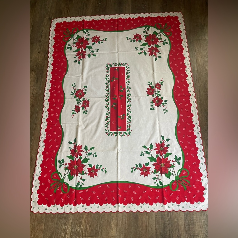 Vtg MCM Christmas Tablecloth Poinsettia Holly Ribbon Rectangle Holiday Seasonal